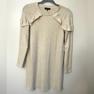 1.STATE Womens Ruffle Shoulder Long Sleeve Knit Mini Dress Oatmeal Heather XS